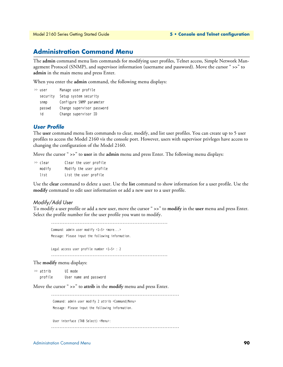 Administration command menu, User profile, Modify/add user | Patton electronic CopperLink 2160 Series User Manual | Page 90 / 107