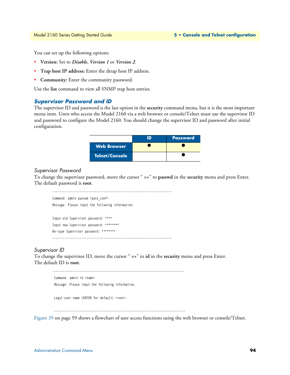 Supervisor password and id, Supervisor password, Supervisor id | Patton electronic CopperLink 2160 Series User Manual | Page 94 / 107