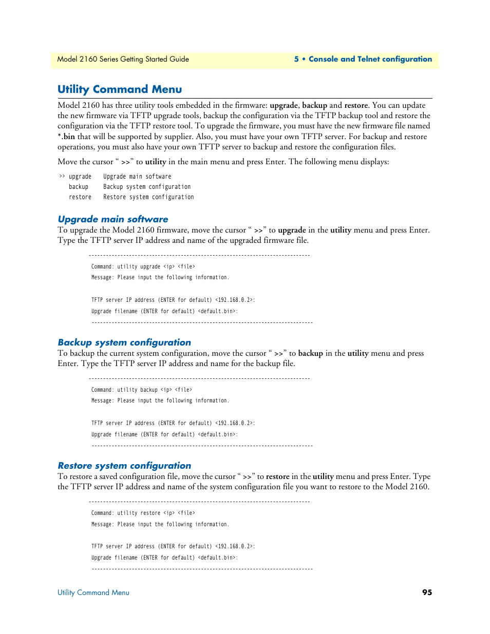 Utility command menu, Upgrade main software, Backup system configuration | Restore system configuration | Patton electronic CopperLink 2160 Series User Manual | Page 95 / 107