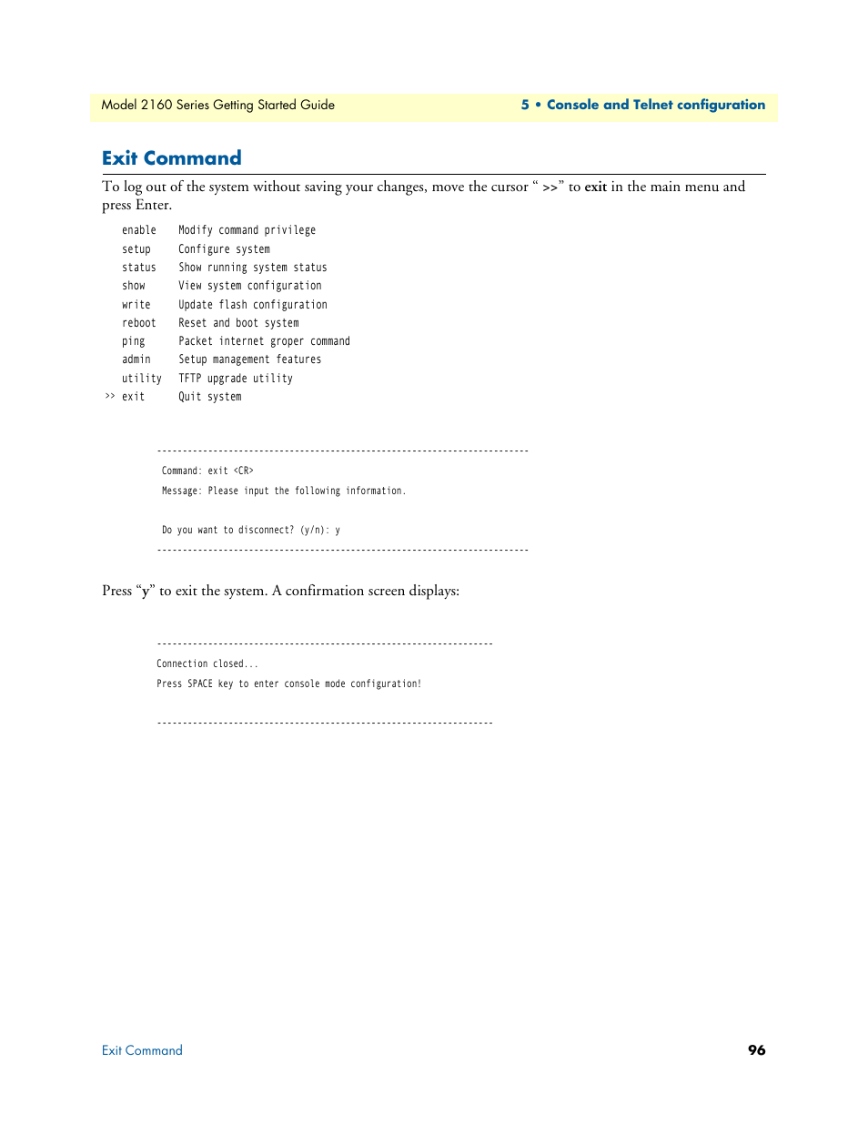 Exit command | Patton electronic CopperLink 2160 Series User Manual | Page 96 / 107