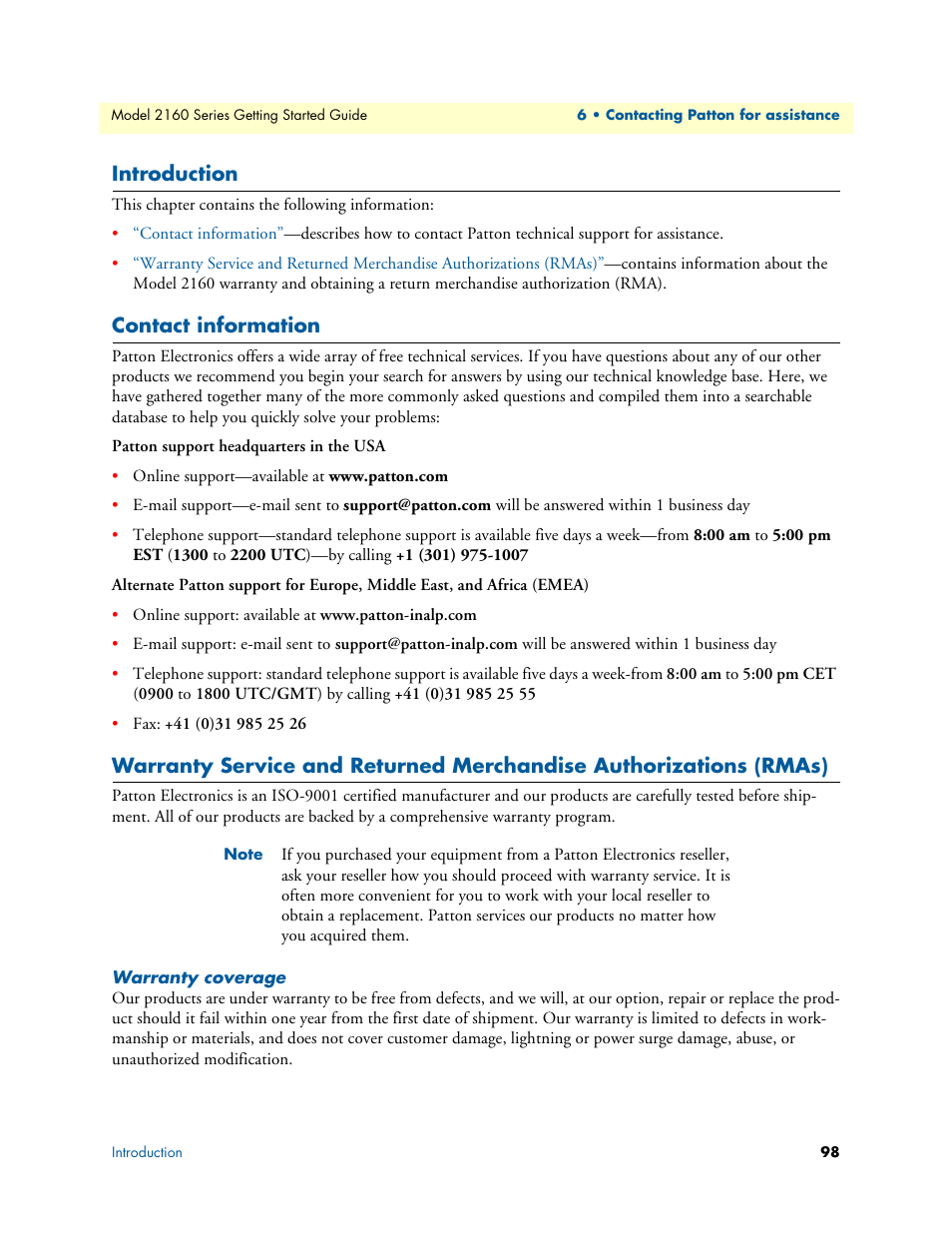 Introduction, Contact information, Warranty coverage | Patton electronic CopperLink 2160 Series User Manual | Page 98 / 107