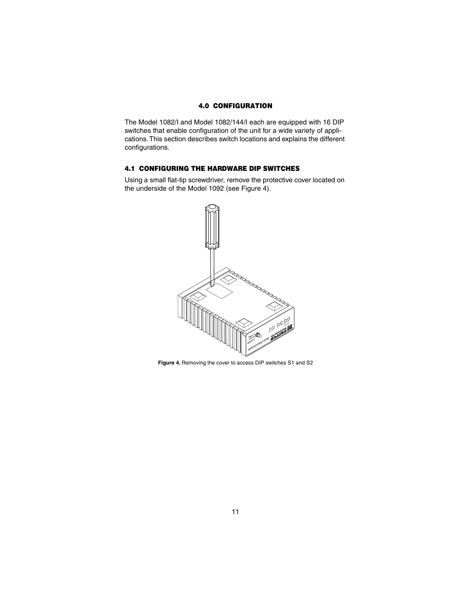 0 configuration, 1 configuring the hardware dip switches, Configuration | Configuring the hardware dip switches | Patton electronic 1082/I User Manual | Page 11 / 28