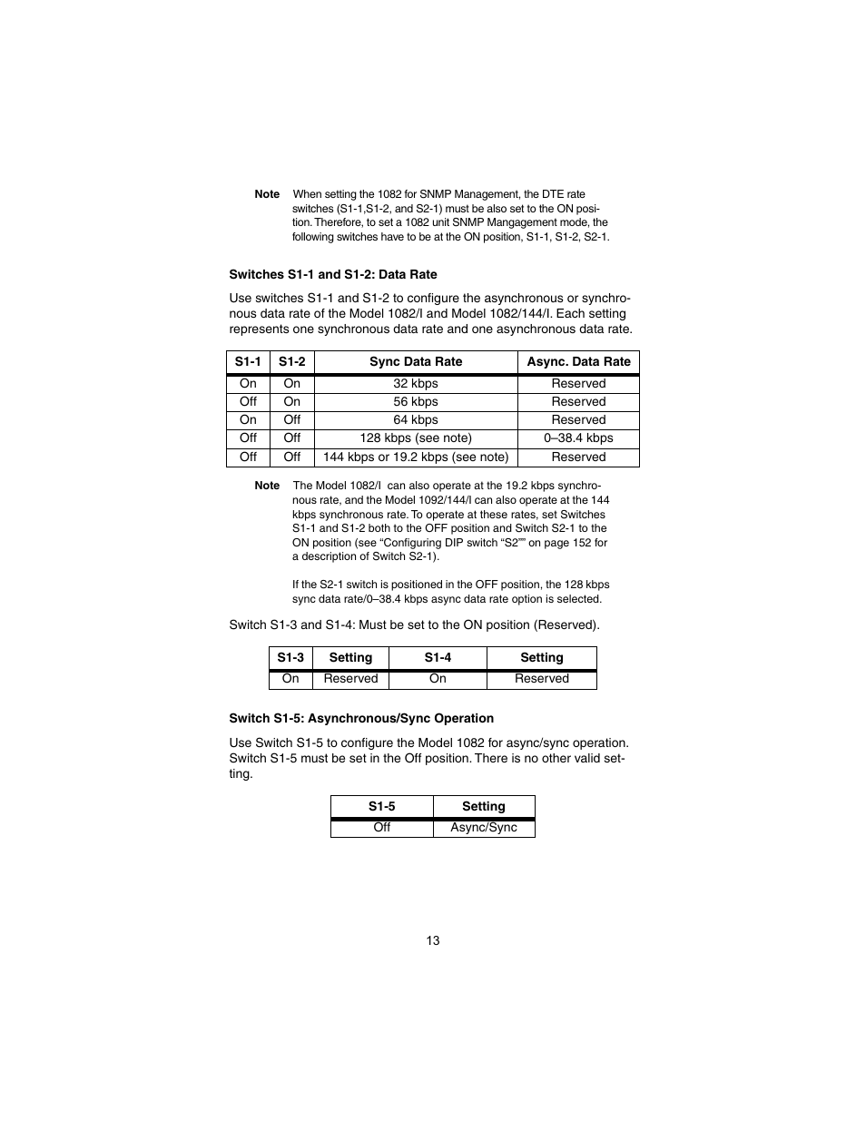 Switches s1-1 and s1-2: data rate, Switch s1-5: asynchronous/sync operation | Patton electronic 1082/I User Manual | Page 13 / 28