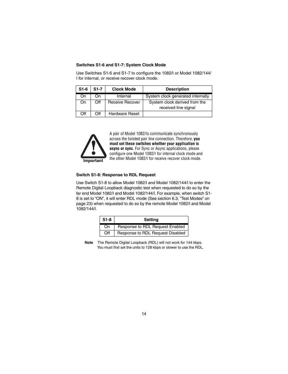 Switches s1-6 and s1-7: system clock mode, Switch s1-8: response to rdl request | Patton electronic 1082/I User Manual | Page 14 / 28