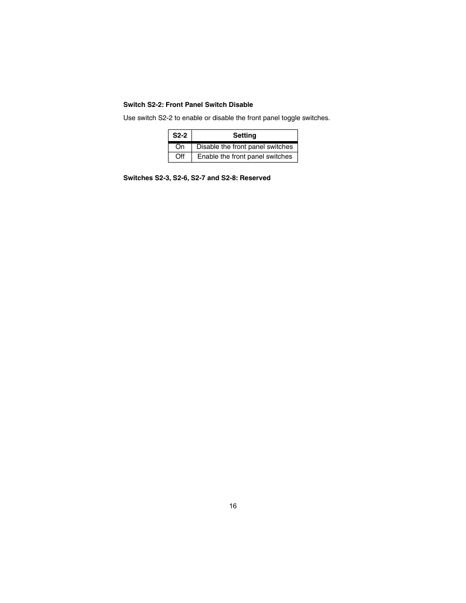 Switch s2-2: front panel switch disable, Switches s2-3, s2-6, s2-7 and s2-8: reserved | Patton electronic 1082/I User Manual | Page 16 / 28