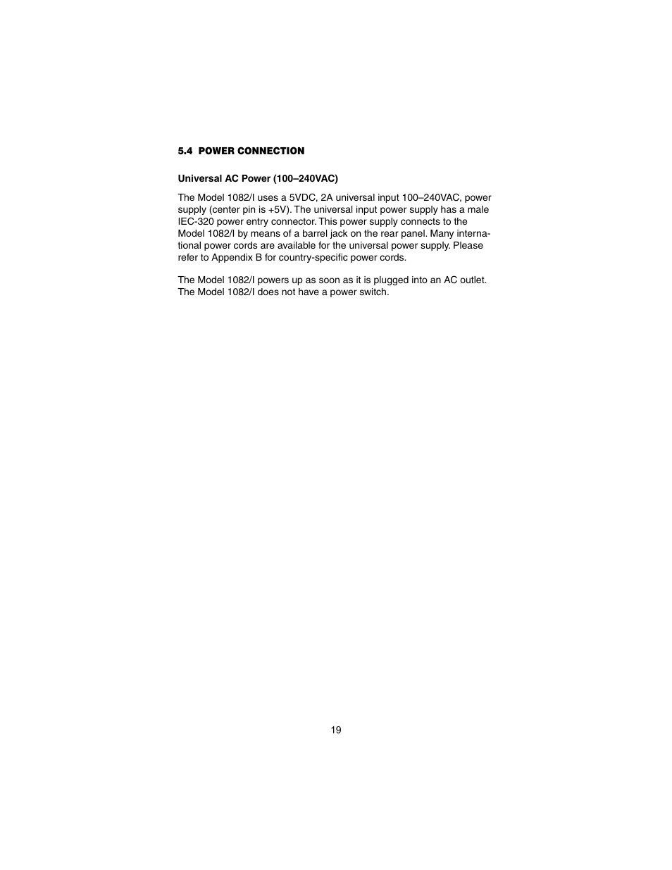 4 power connection, Universal ac power (100–240vac), Power connection | Patton electronic 1082/I User Manual | Page 19 / 28