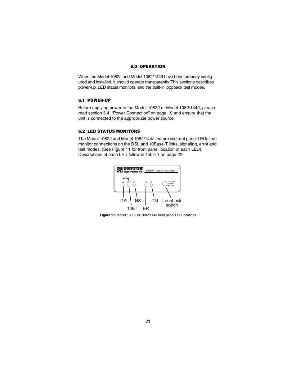 0 operation, 1 power-up, 2 led status monitors | Operation, Power-up, Led status monitors | Patton electronic 1082/I User Manual | Page 21 / 28