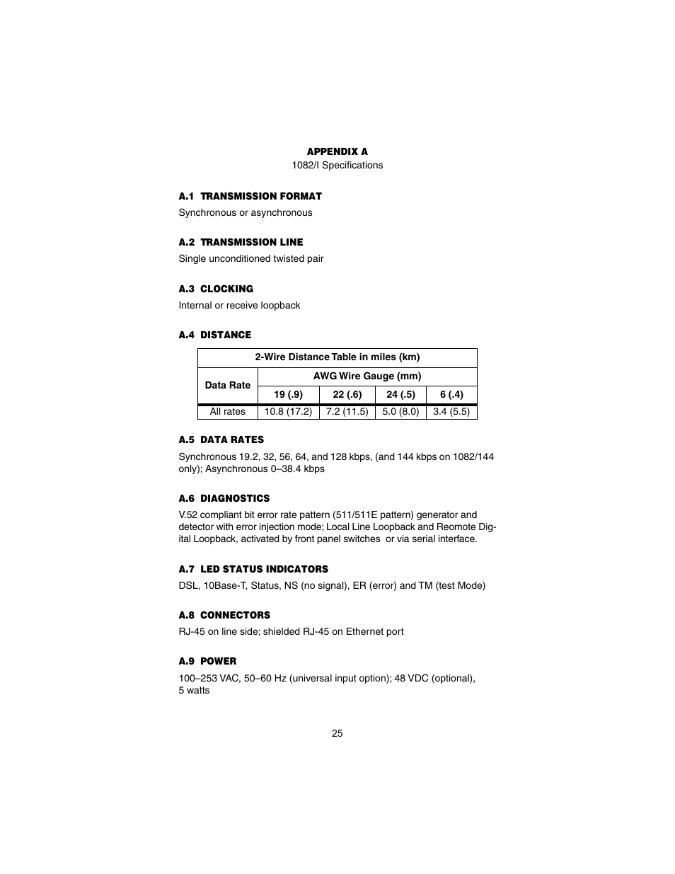 Appendix a 1082/i specifications, A.1 transmission format, A.2 transmission line | A.3 clocking, A.4 distance, A.5 data rates, A.6 diagnostics, A.7 led status indicators, A.8 connectors, A.9 power | Patton electronic 1082/I User Manual | Page 25 / 28