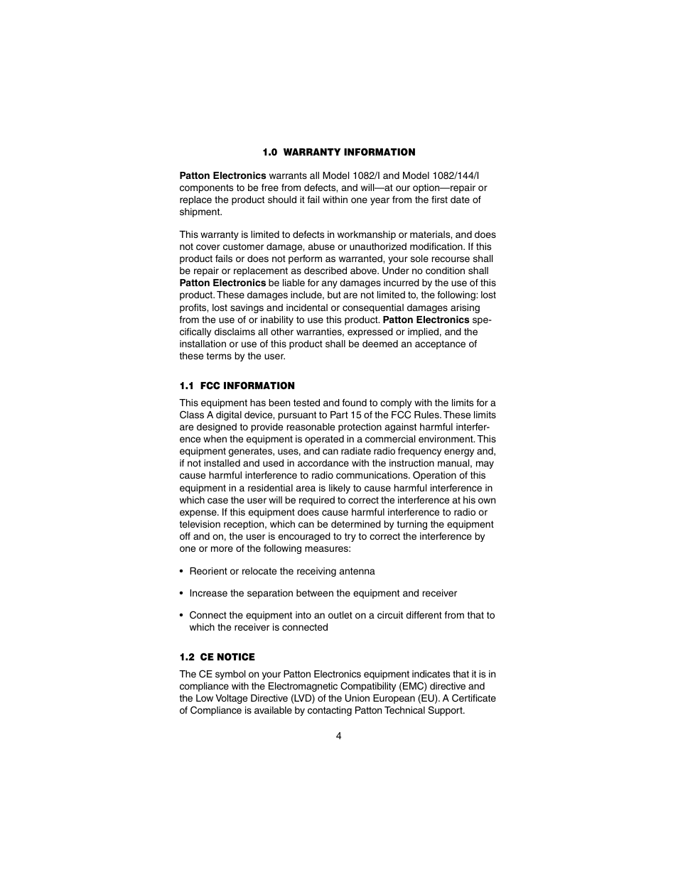 0 warranty information, 1 fcc information, 2 ce notice | Warranty information, Fcc information, Ce notice | Patton electronic 1082/I User Manual | Page 4 / 28