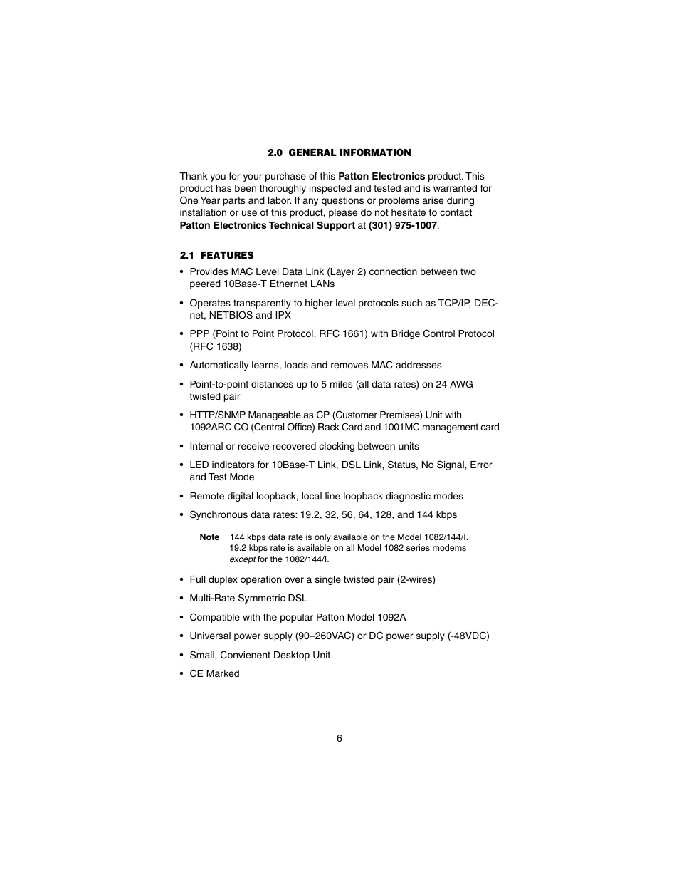 0 general information, 1 features, General information | Features | Patton electronic 1082/I User Manual | Page 6 / 28