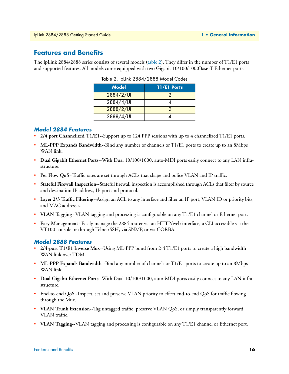 Features and benefits, Model 2884 features, Model 2888 features | Iplink 2884/2888 model codes | Patton electronic 2884 User Manual | Page 16 / 52