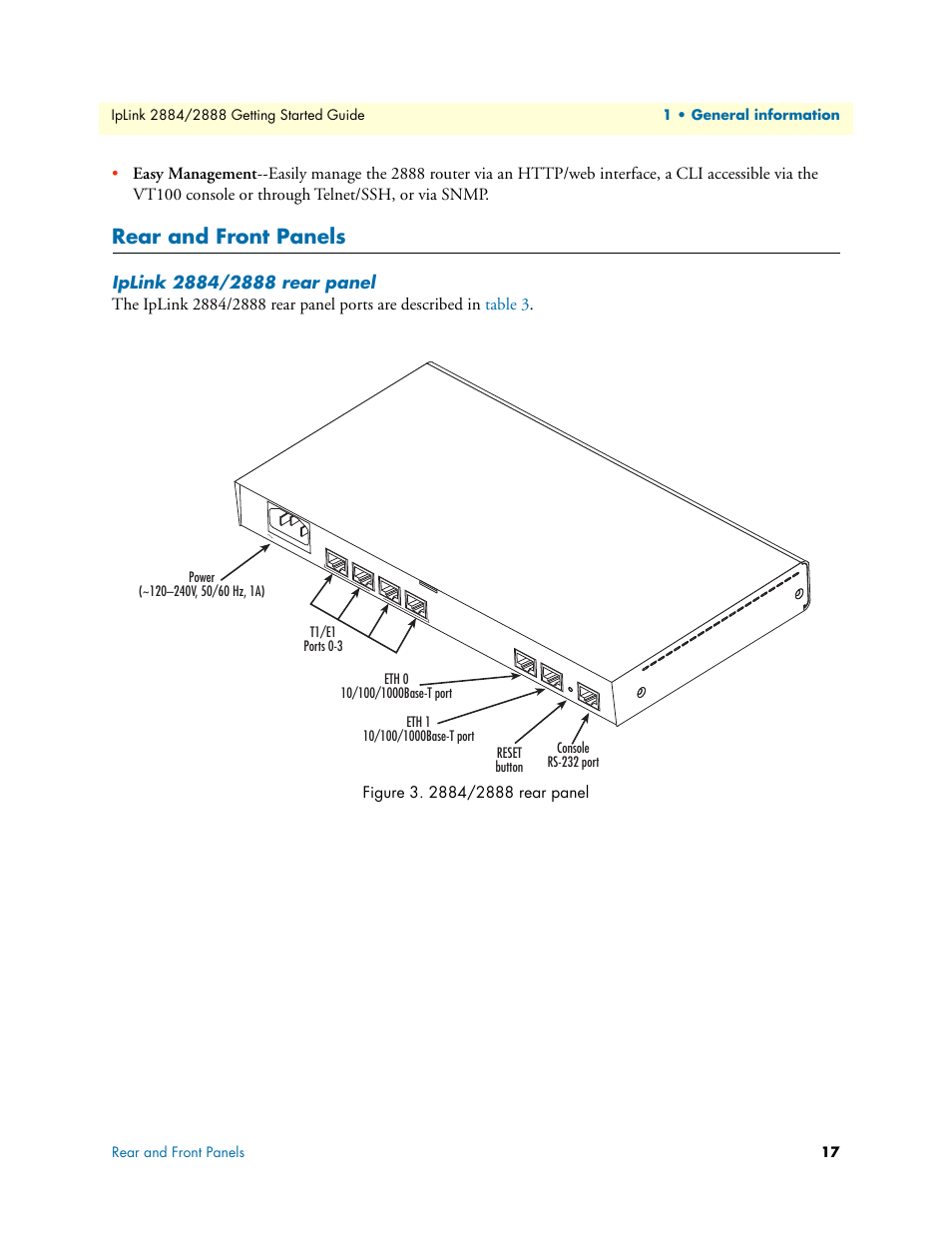 Rear and front panels, Iplink 2884/2888 rear panel, 2884/2888 rear panel | Patton electronic 2884 User Manual | Page 17 / 52