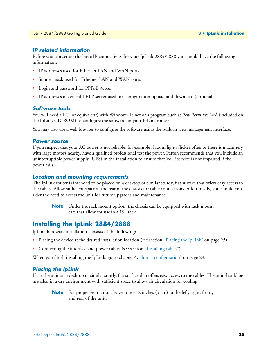 Ip related information, Software tools, Power source | Location and mounting requirements, Installing the iplink 2884/2888, Placing the iplink, Installing the iplink | Patton electronic 2884 User Manual | Page 25 / 52