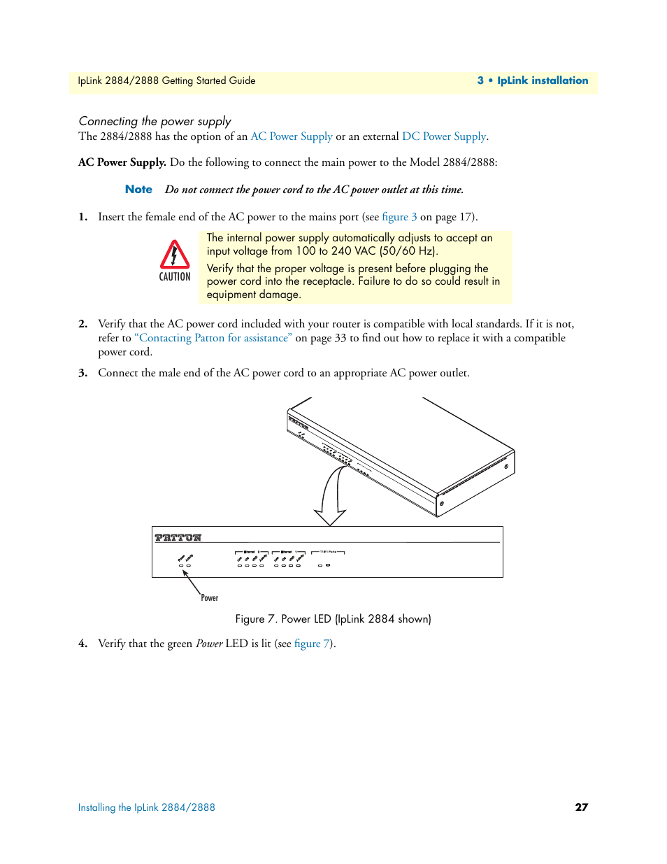 Connecting the power supply, Ac power supply, Power led (iplink 2884 shown) | Patton electronic 2884 User Manual | Page 27 / 52