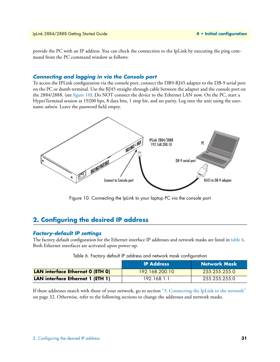 Connecting and logging in via the console port, Configuring the desired ip address, Factory-default ip settings | Patton electronic 2884 User Manual | Page 31 / 52