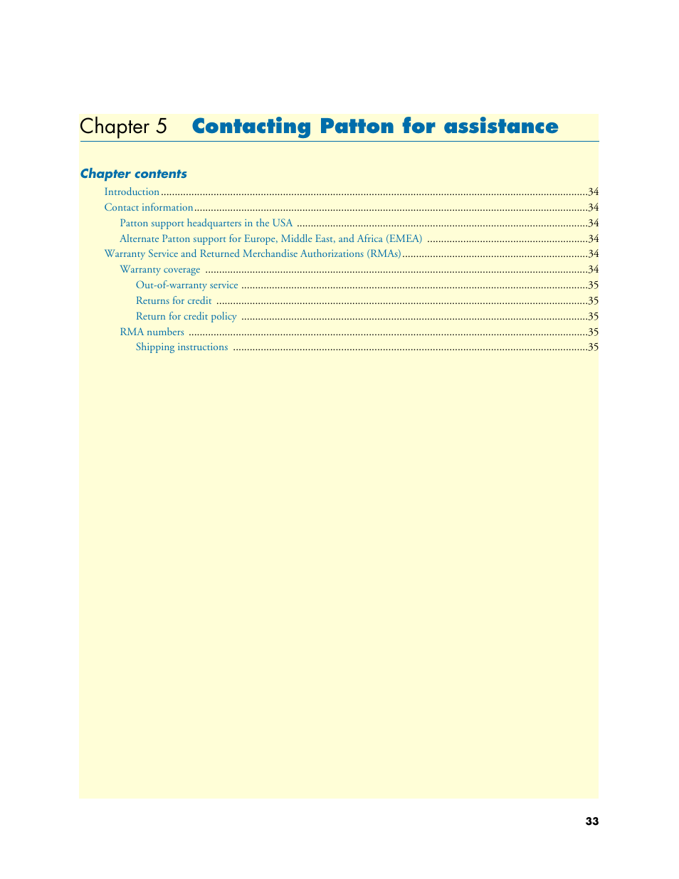 Chapter 5 contacting patton for assistance, Contacting patton for assistance, Chapter 5 | Efer to | Patton electronic 2884 User Manual | Page 33 / 52