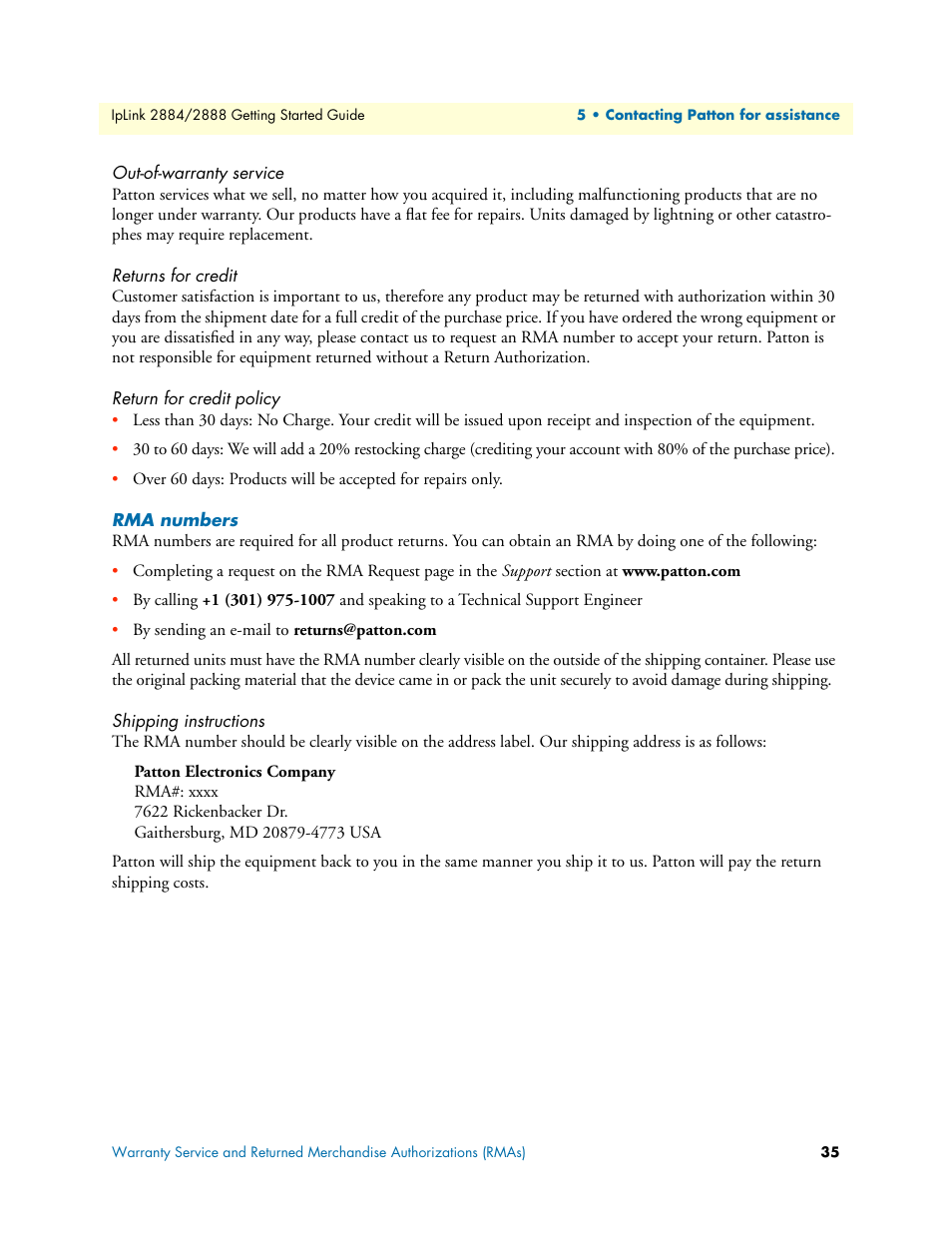 Out-of-warranty service, Returns for credit, Return for credit policy | Rma numbers, Shipping instructions | Patton electronic 2884 User Manual | Page 35 / 52