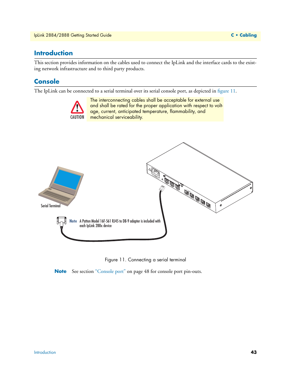 Introduction, Console, Connecting a serial terminal | Patton electronic 2884 User Manual | Page 43 / 52