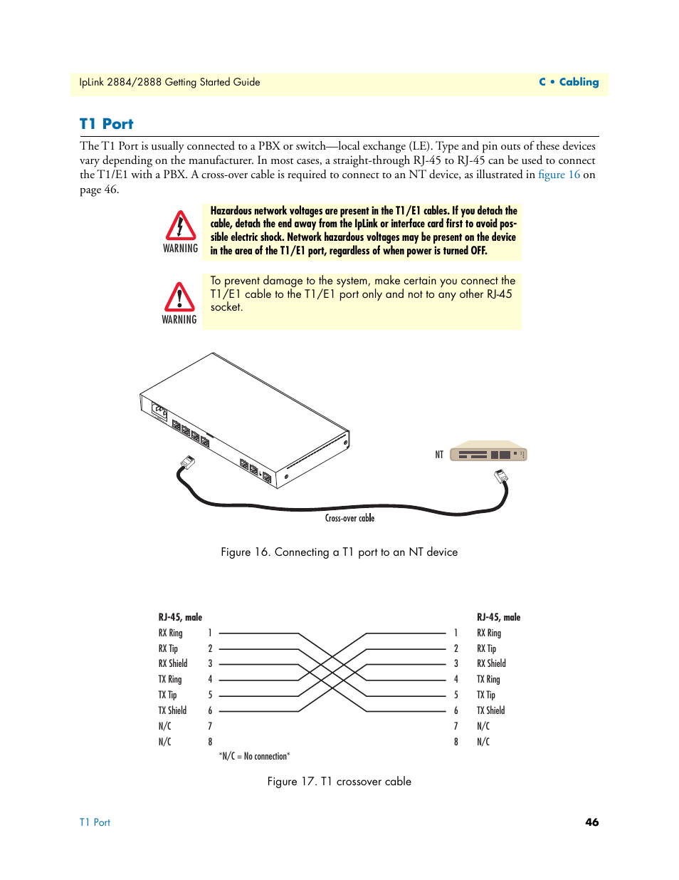 T1 port, Connecting a t1 port to an nt device, T1 crossover cable | Patton electronic 2884 User Manual | Page 46 / 52