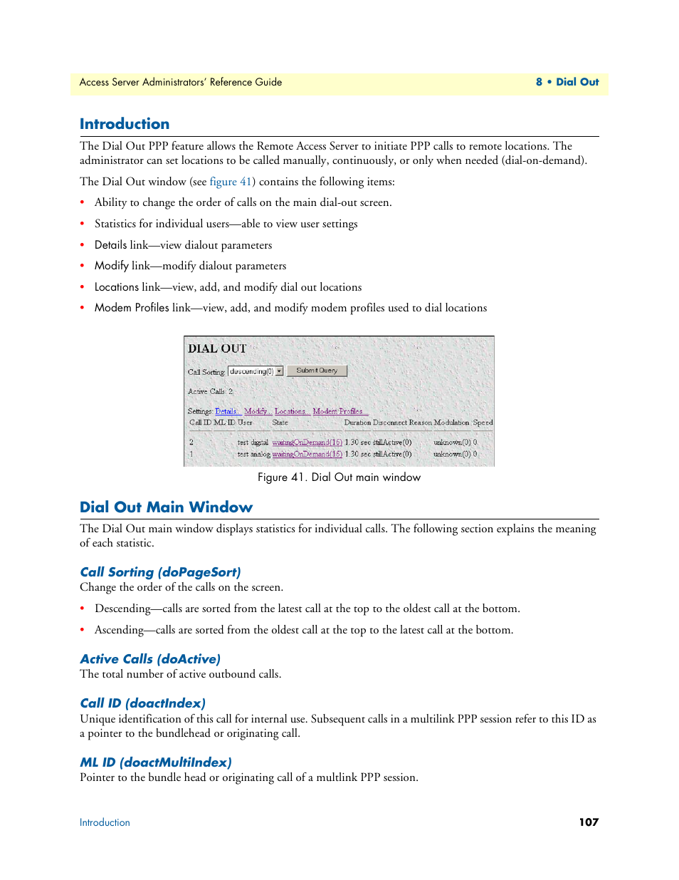 Introduction, Dial out main window, Active calls (doactive) | Call id (doactindex), Ml id (doactmultiindex) | Patton electronic 29XX User Manual | Page 107 / 326