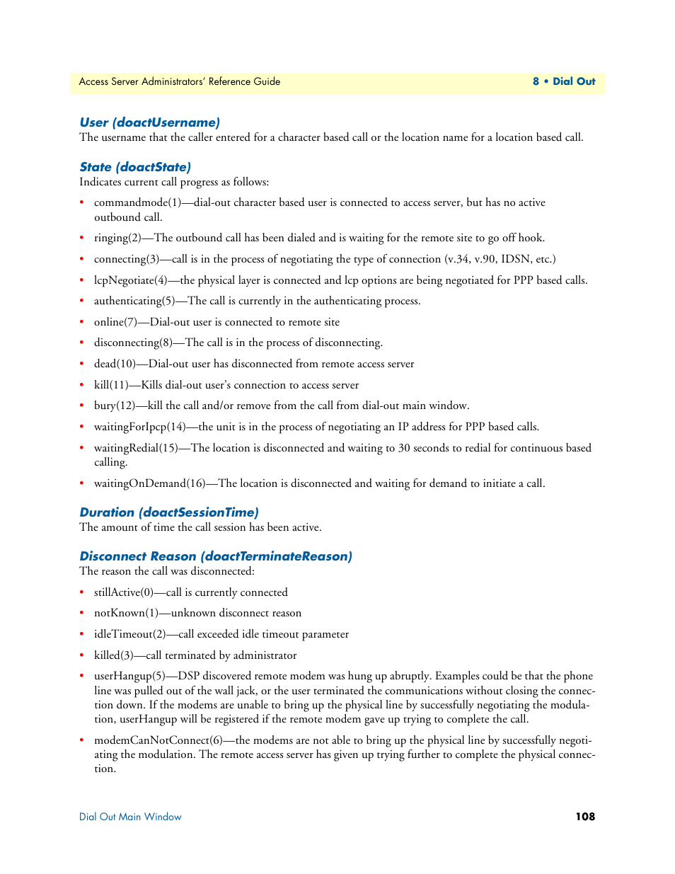 User (doactusername), State (doactstate), Duration (doactsessiontime) | Disconnect reason (doactterminatereason) | Patton electronic 29XX User Manual | Page 108 / 326