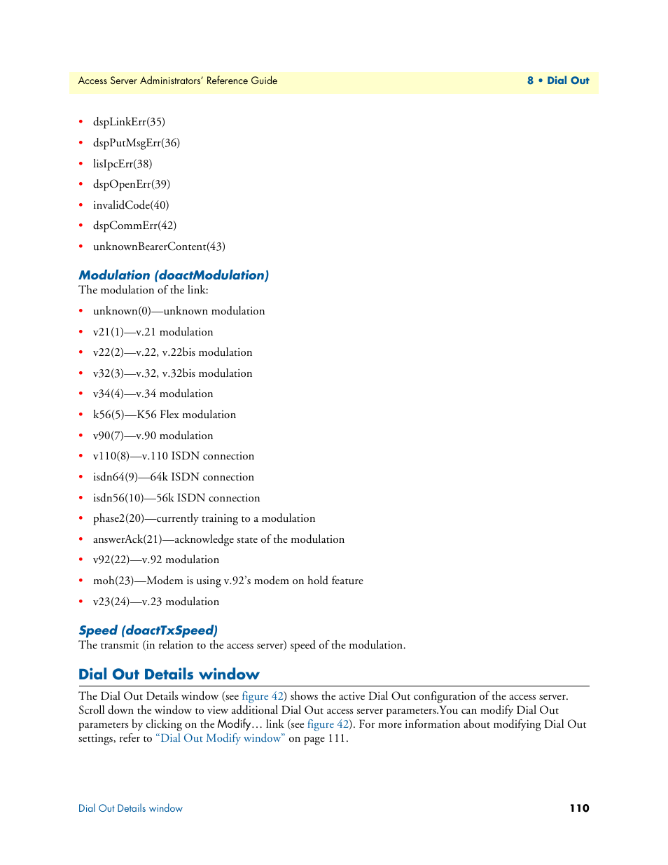 Modulation (doactmodulation), Speed (doacttxspeed), Dial out details window | Patton electronic 29XX User Manual | Page 110 / 326