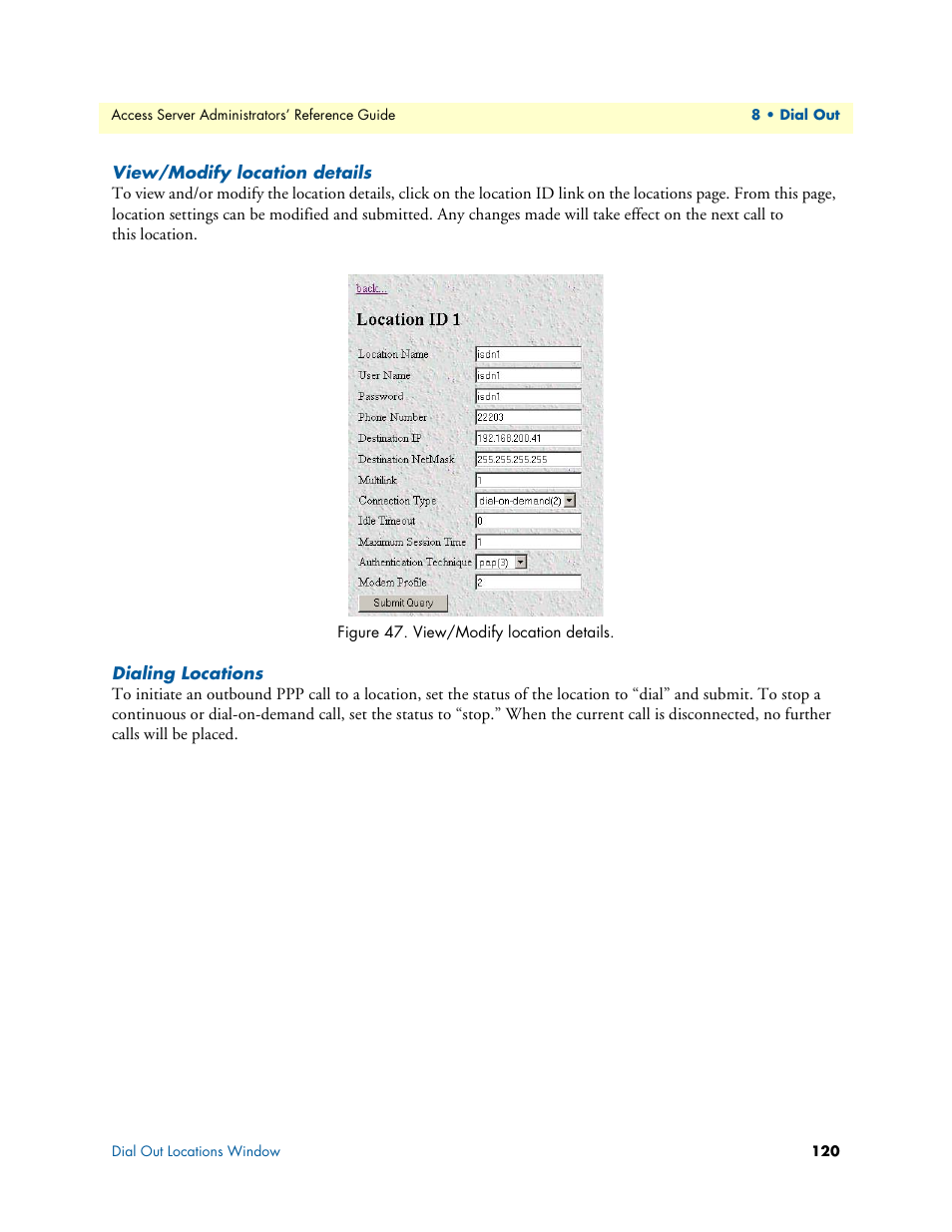 View/modify location details, Dialing locations | Patton electronic 29XX User Manual | Page 120 / 326