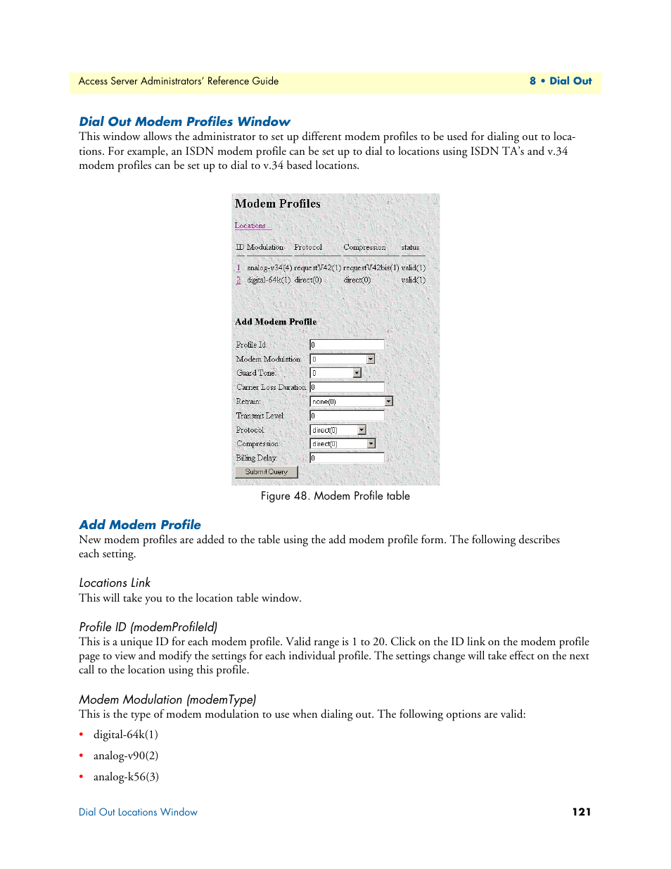 Dial out modem profiles window, Add modem profile, Locations link | Profile id (modemprofileid), Modem modulation (modemtype) | Patton electronic 29XX User Manual | Page 121 / 326