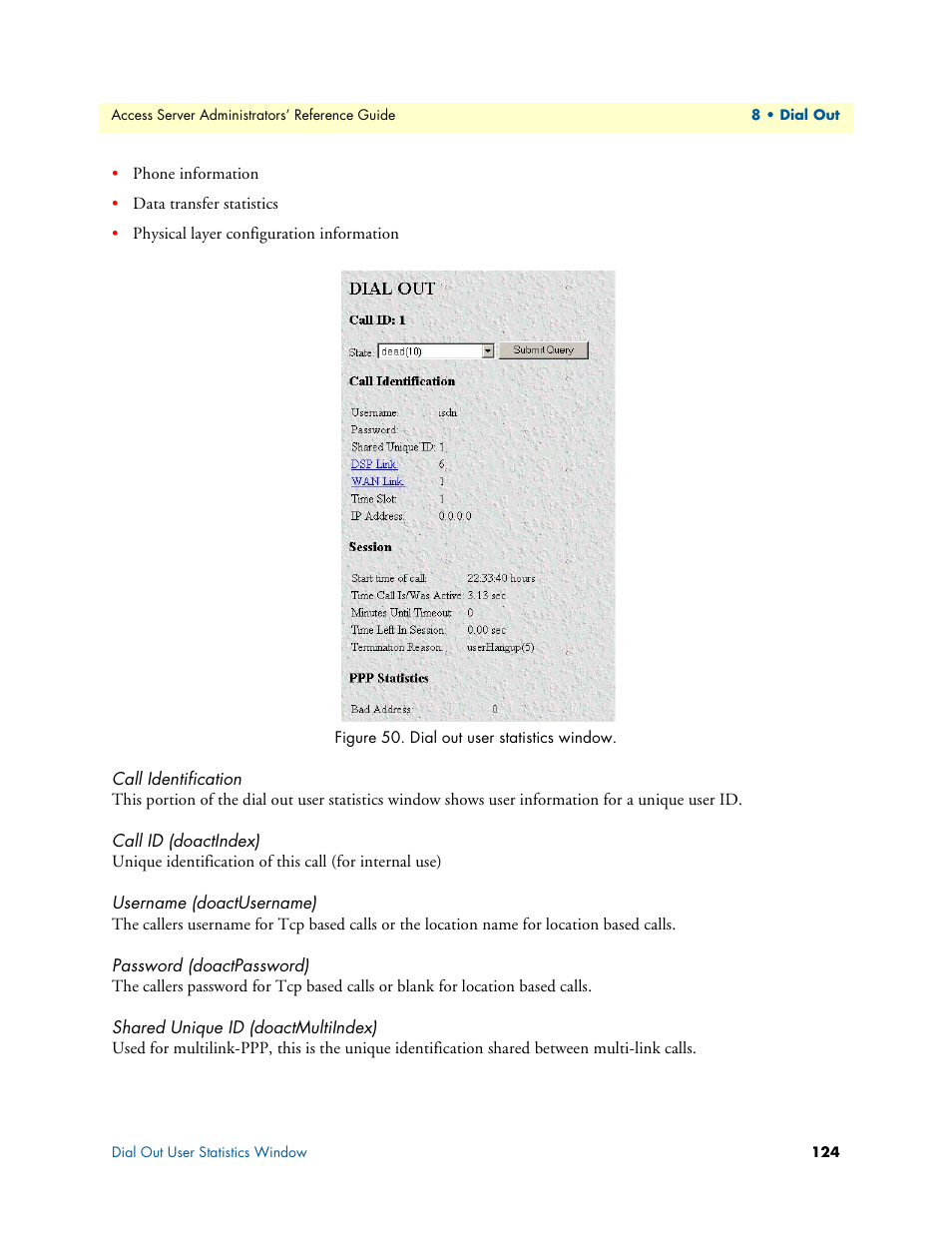 Call identification, Call id (doactindex), Username (doactusername) | Password (doactpassword), Shared unique id (doactmultiindex) | Patton electronic 29XX User Manual | Page 124 / 326