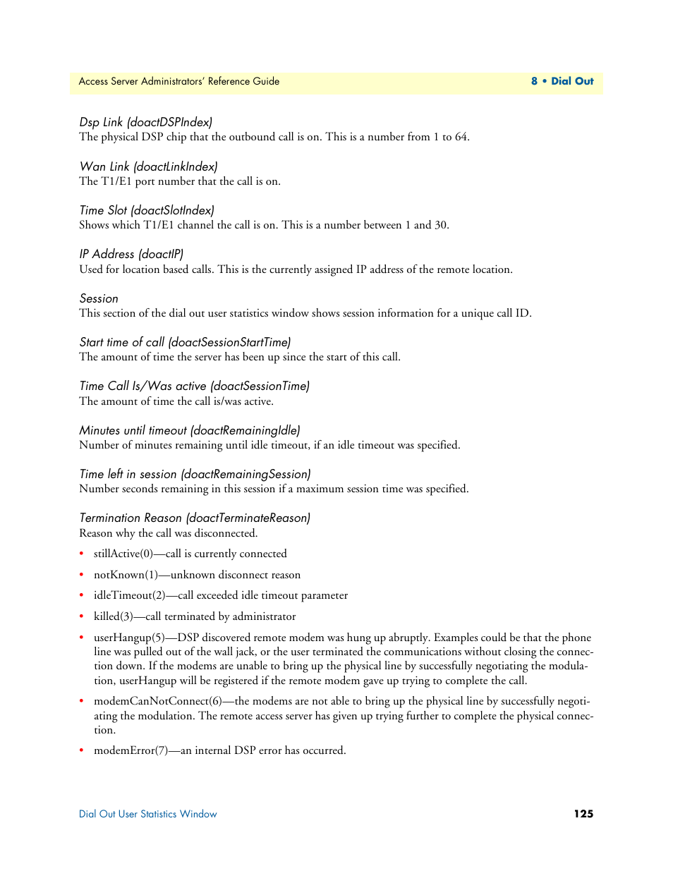 Dsp link (doactdspindex), Wan link (doactlinkindex), Time slot (doactslotindex) | Ip address (doactip), Session, Start time of call (doactsessionstarttime), Time call is/was active (doactsessiontime), Minutes until timeout (doactremainingidle), Time left in session (doactremainingsession), Termination reason (doactterminatereason) | Patton electronic 29XX User Manual | Page 125 / 326