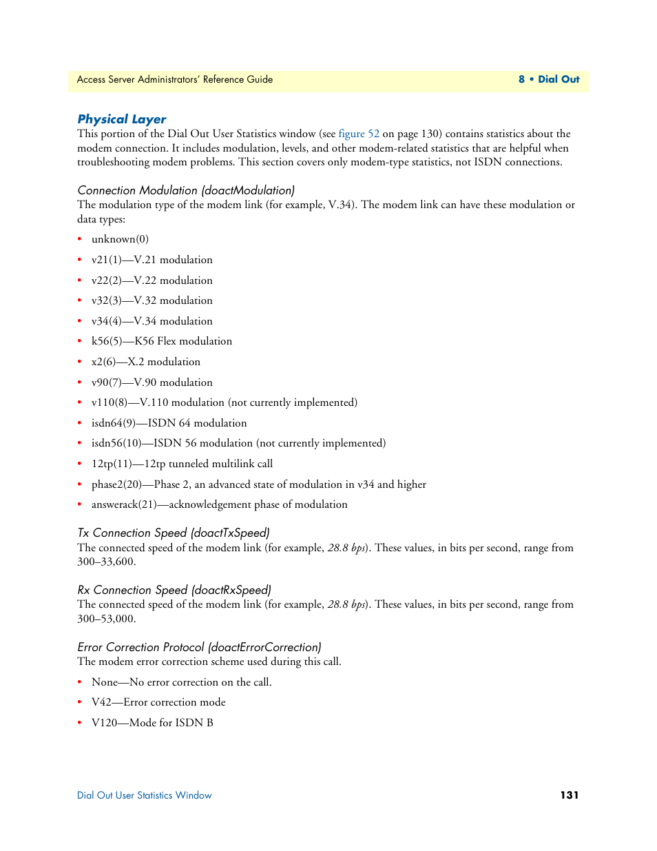 Physical layer, Connection modulation (doactmodulation), Tx connection speed (doacttxspeed) | Rx connection speed (doactrxspeed), Error correction protocol (doacterrorcorrection) | Patton electronic 29XX User Manual | Page 131 / 326