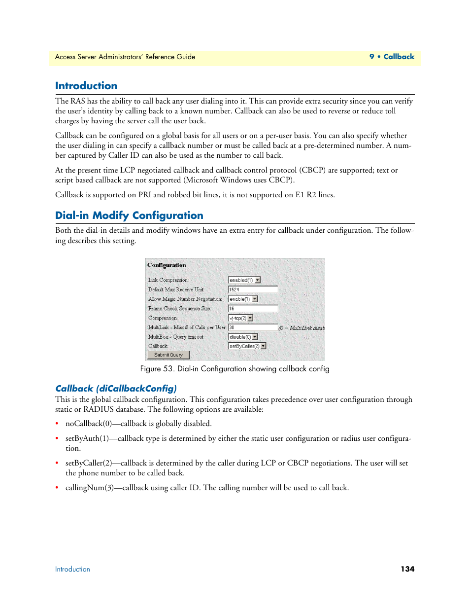 Introduction, Dial-in modify configuration, Callback (dicallbackconfig) | Patton electronic 29XX User Manual | Page 134 / 326