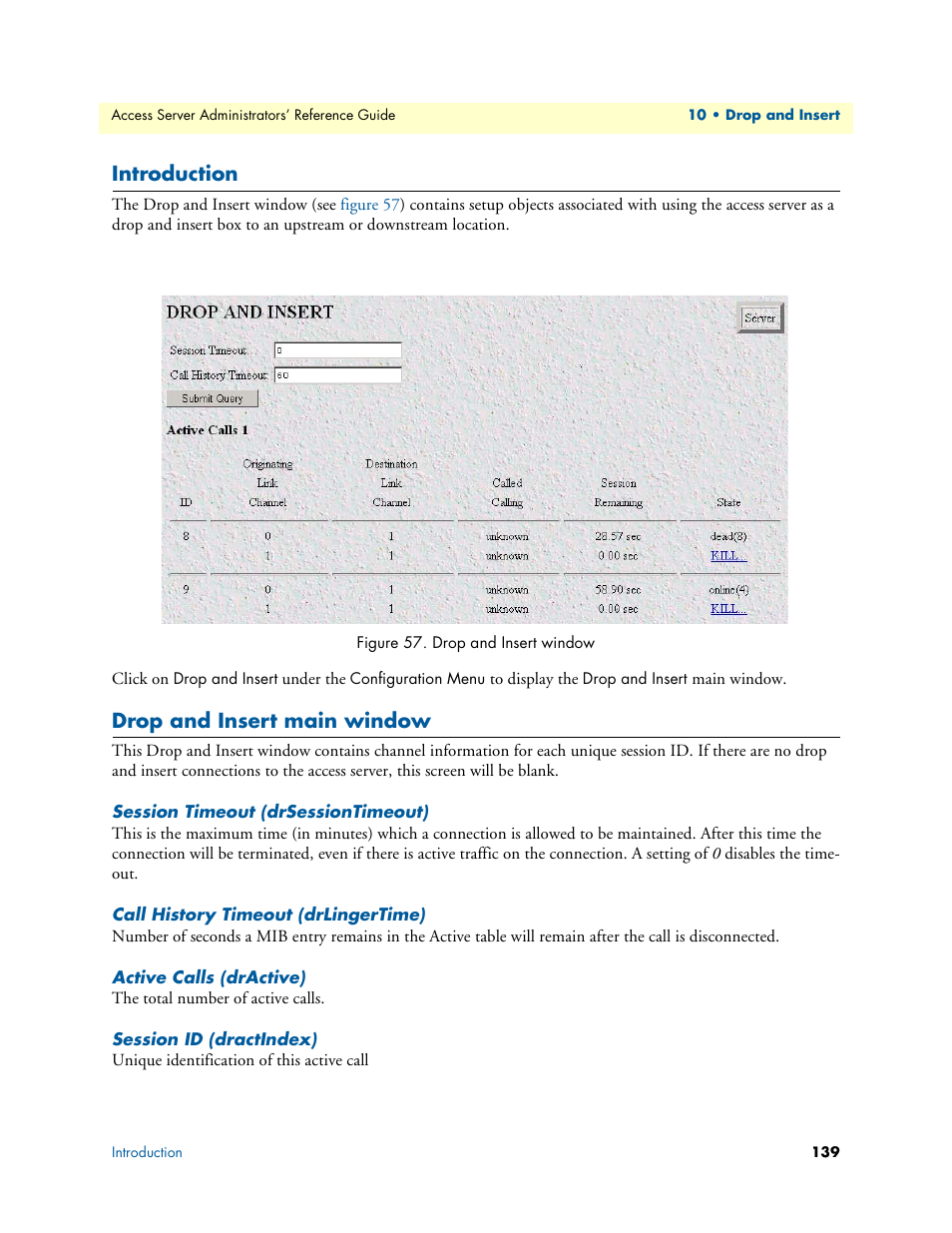 Introduction, Drop and insert main window, Session timeout (drsessiontimeout) | Call history timeout (drlingertime), Active calls (dractive), Session id (dractindex) | Patton electronic 29XX User Manual | Page 139 / 326