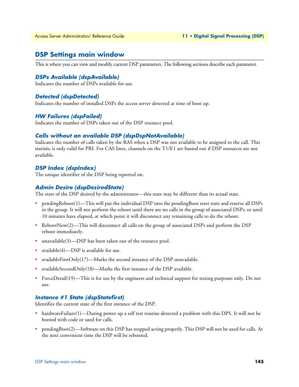 Dsp settings main window, Dsps available (dspavailable), Detected (dspdetected) | Hw failures (dspfailed), Dsp index (dspindex), Admin desire (dspdesiredstate), Instance #1 state (dspstatefirst), Ee “dsp settings main win | Patton electronic 29XX User Manual | Page 145 / 326