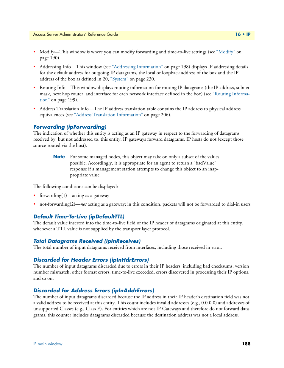 Forwarding (ipforwarding), Default time-to-live (ipdefaultttl), Total datagrams received (ipinreceives) | Discarded for header errors (ipinhdrerrors), Discarded for address errors (ipinaddrerrors) | Patton electronic 29XX User Manual | Page 188 / 326