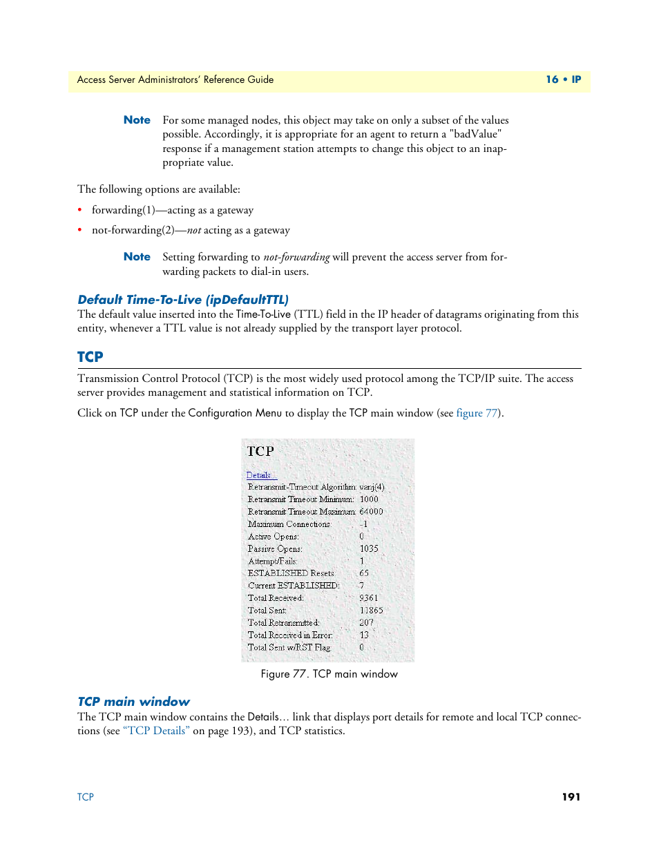 Default time-to-live (ipdefaultttl), Tcp main window | Patton electronic 29XX User Manual | Page 191 / 326