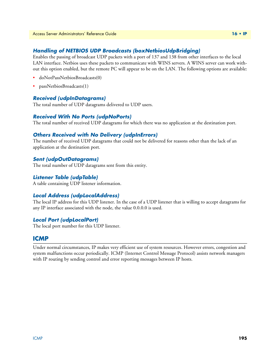 Received (udpindatagrams), Received with no ports (udpnoports), Others received with no delivery (udpinerrors) | Sent (udpoutdatagrams), Listener table (udptable), Local address (udplocaladdress), Local port (udplocalport), Icmp | Patton electronic 29XX User Manual | Page 195 / 326