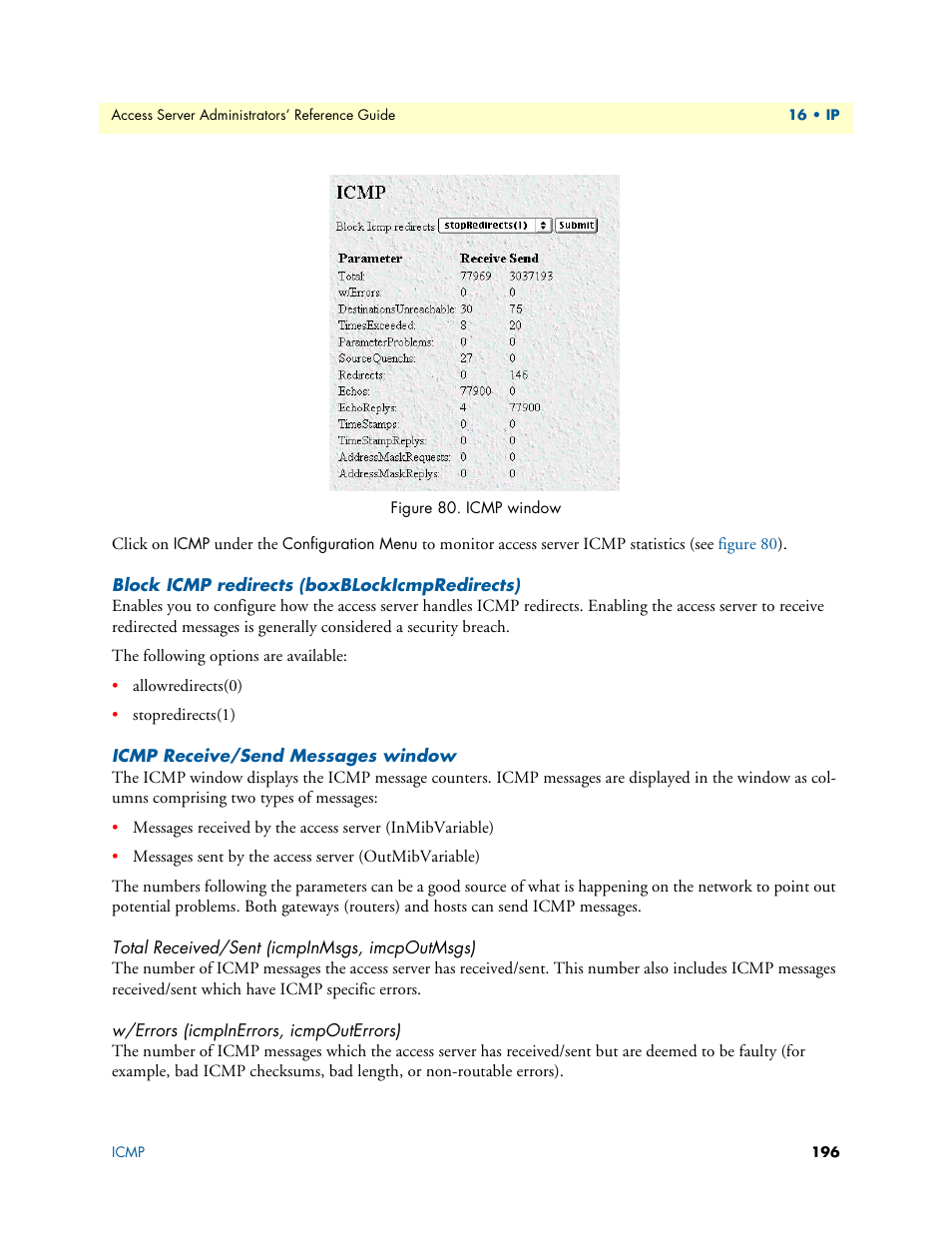 Block icmp redirects (boxblockicmpredirects), Icmp receive/send messages window, Total received/sent (icmpinmsgs, imcpoutmsgs) | W/errors (icmpinerrors, icmpouterrors) | Patton electronic 29XX User Manual | Page 196 / 326