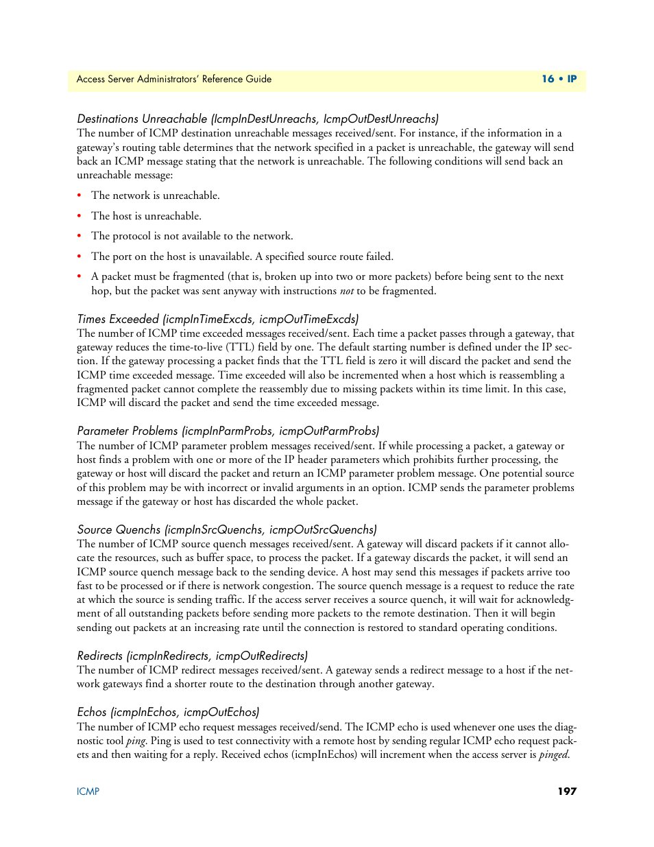 Times exceeded (icmpintimeexcds, icmpouttimeexcds), Redirects (icmpinredirects, icmpoutredirects), Echos (icmpinechos, icmpoutechos) | Patton electronic 29XX User Manual | Page 197 / 326