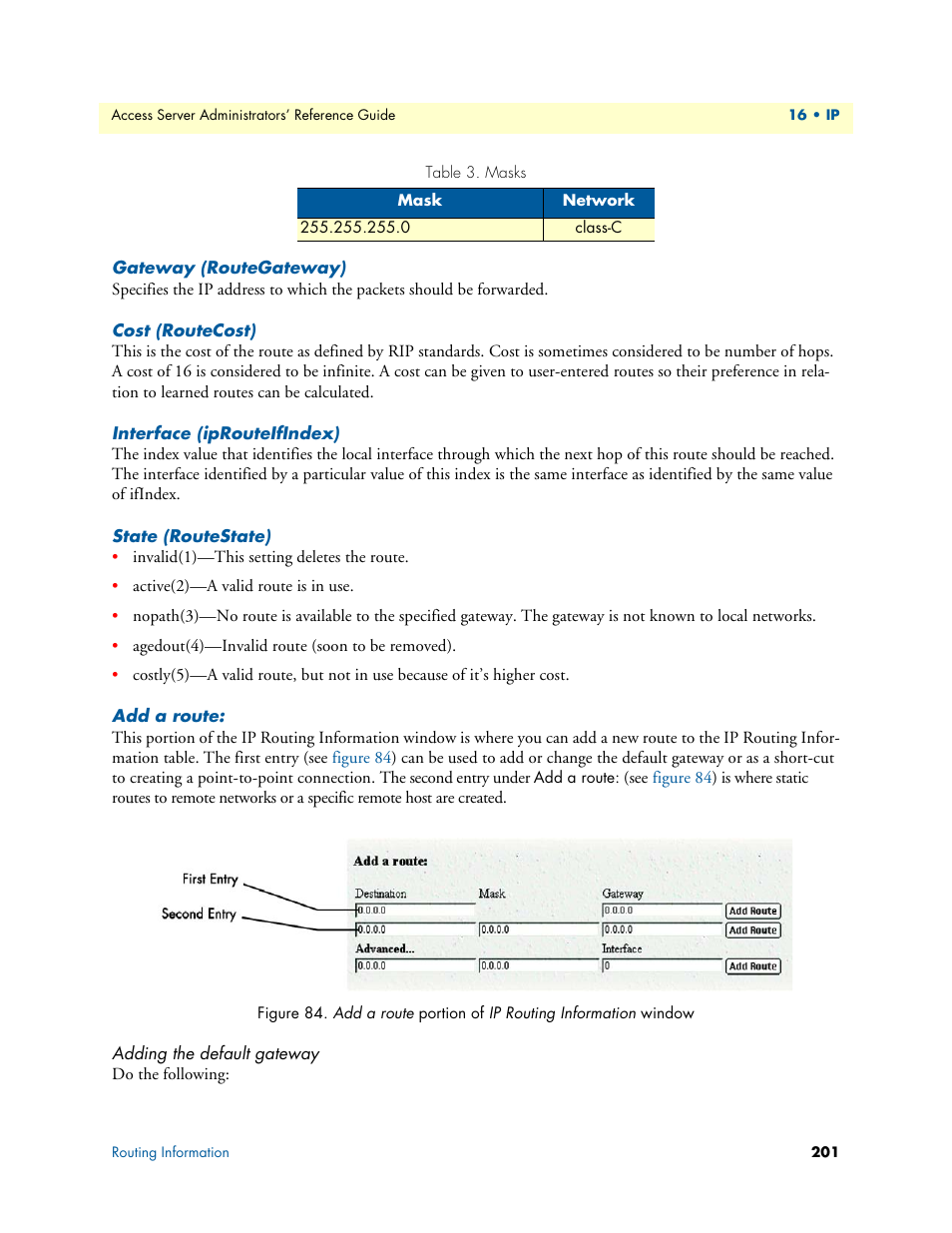 Gateway (routegateway), Cost (routecost), Interface (iprouteifindex) | State (routestate), Add a route, Adding the default gateway | Patton electronic 29XX User Manual | Page 201 / 326