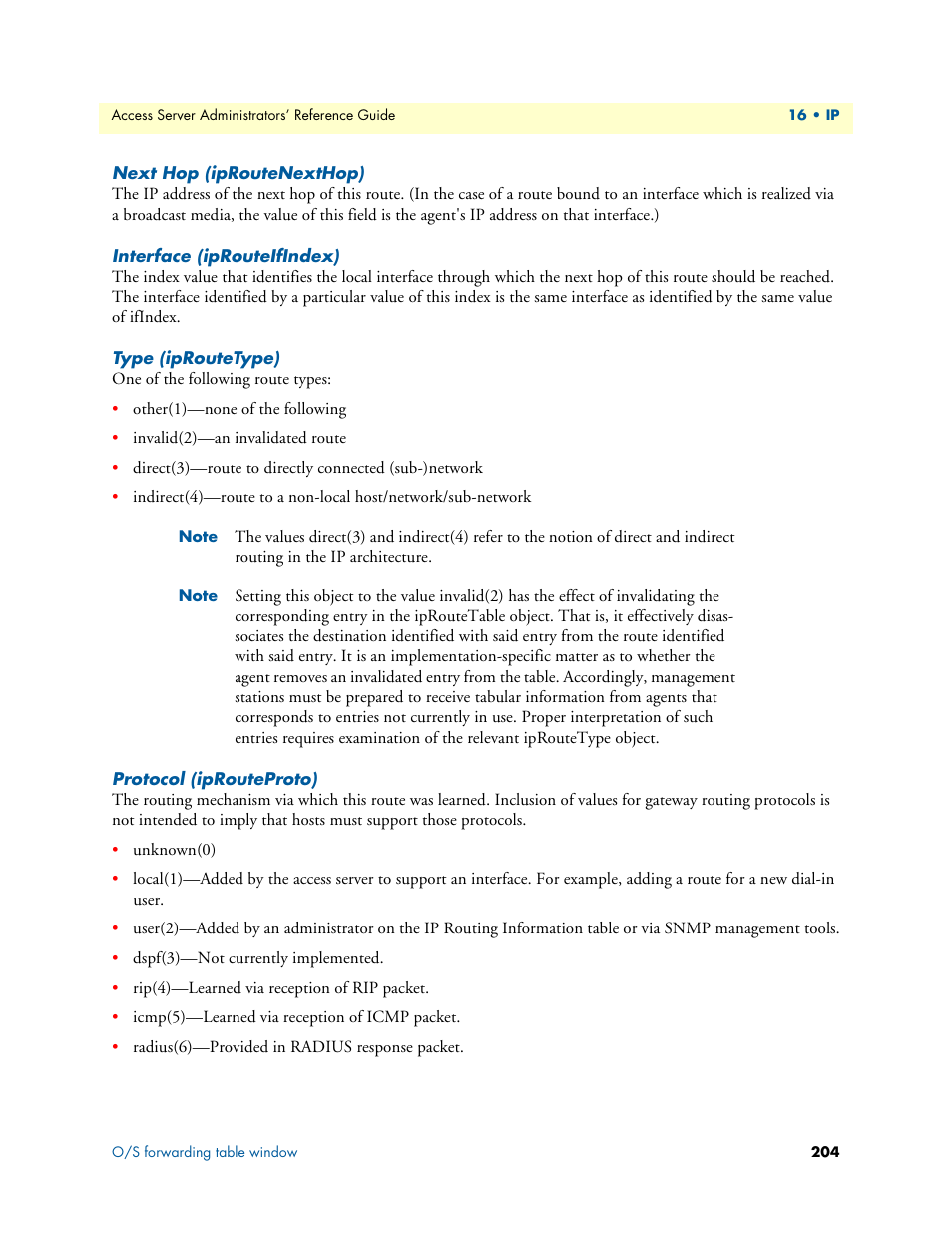 Next hop (iproutenexthop), Interface (iprouteifindex), Type (iproutetype) | Protocol (iprouteproto) | Patton electronic 29XX User Manual | Page 204 / 326