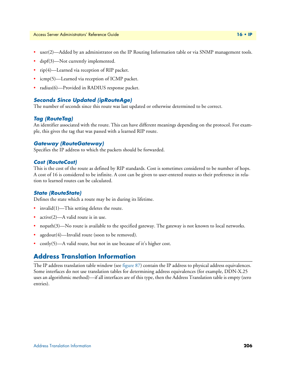 Seconds since updated (iprouteage), Tag (routetag), Gateway (routegateway) | Cost (routecost), State (routestate), Address translation information | Patton electronic 29XX User Manual | Page 206 / 326