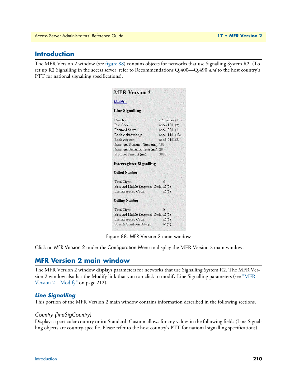 Introduction, Mfr version 2 main window, Line signalling | Country (linesigcountry) | Patton electronic 29XX User Manual | Page 210 / 326