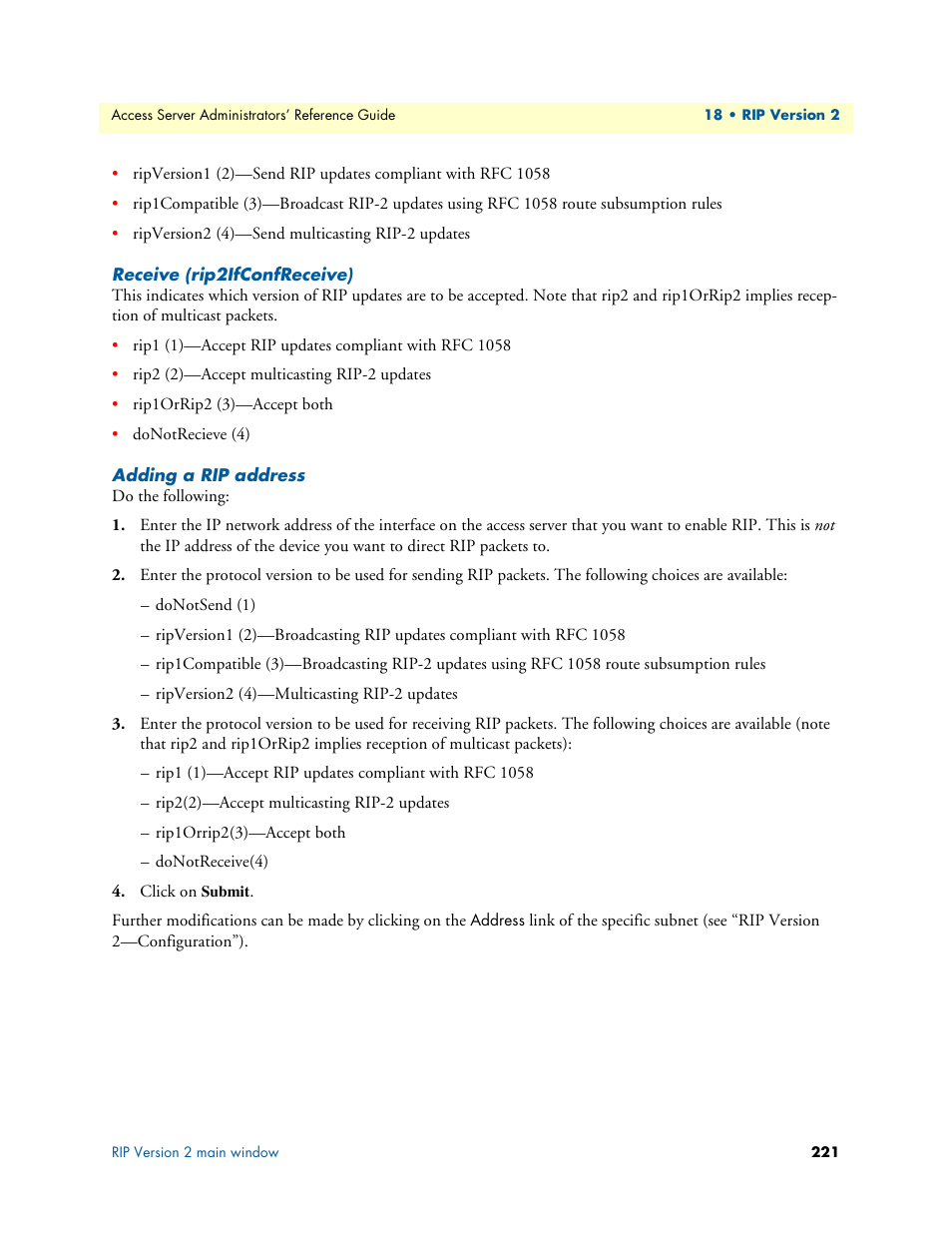 Receive (rip2ifconfreceive), Adding a rip address | Patton electronic 29XX User Manual | Page 221 / 326