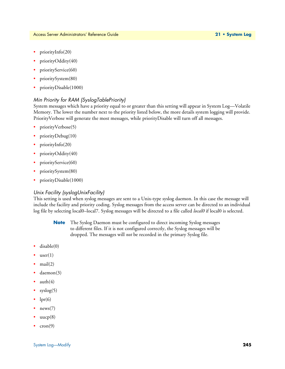 Min priority for ram (syslogtablepriority), Unix facility (syslogunixfacility) | Patton electronic 29XX User Manual | Page 245 / 326