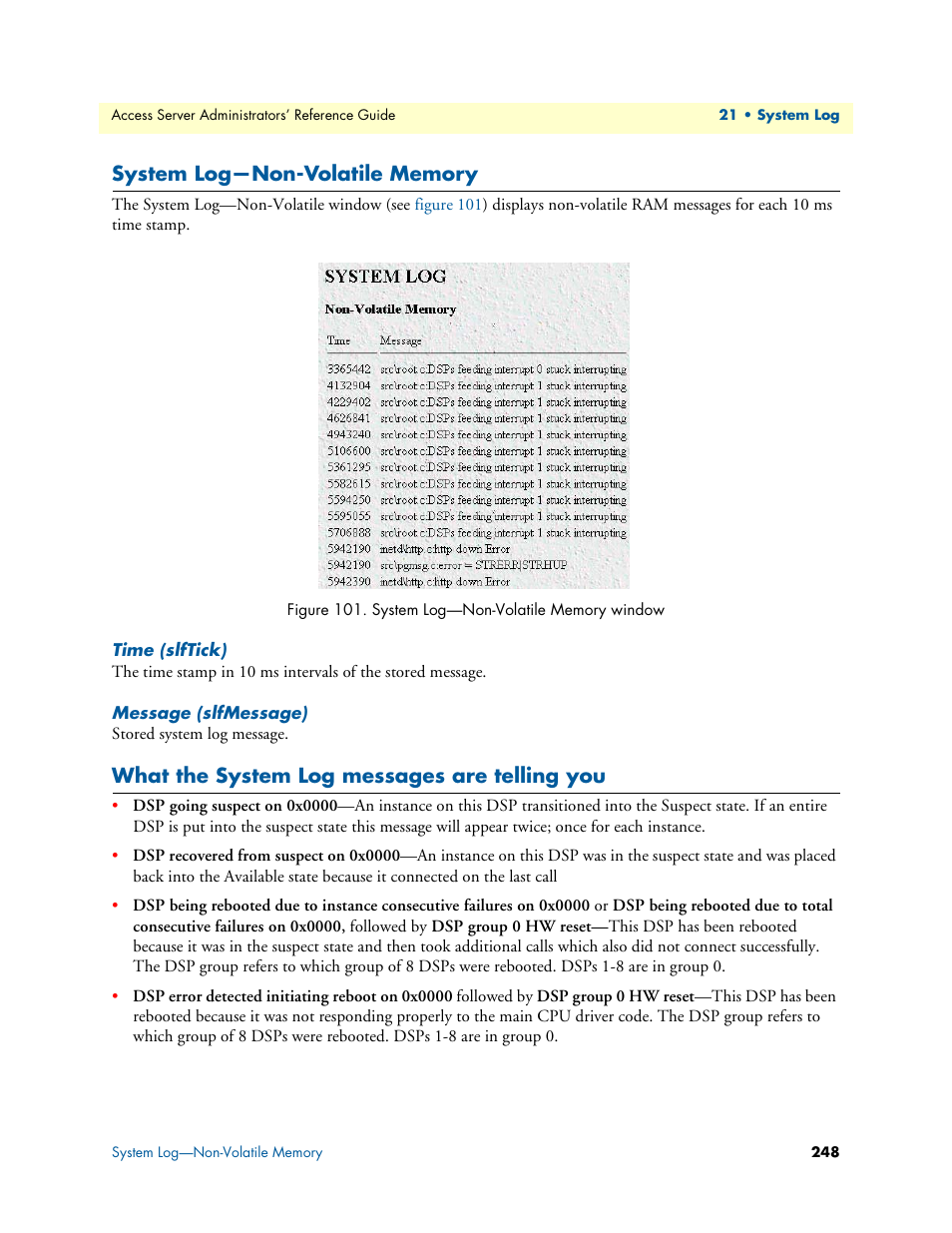 System log-non-volatile memory, Time (slftick), Message (slfmessage) | What the system log messages are telling you, System log—non-volatile memory | Patton electronic 29XX User Manual | Page 248 / 326