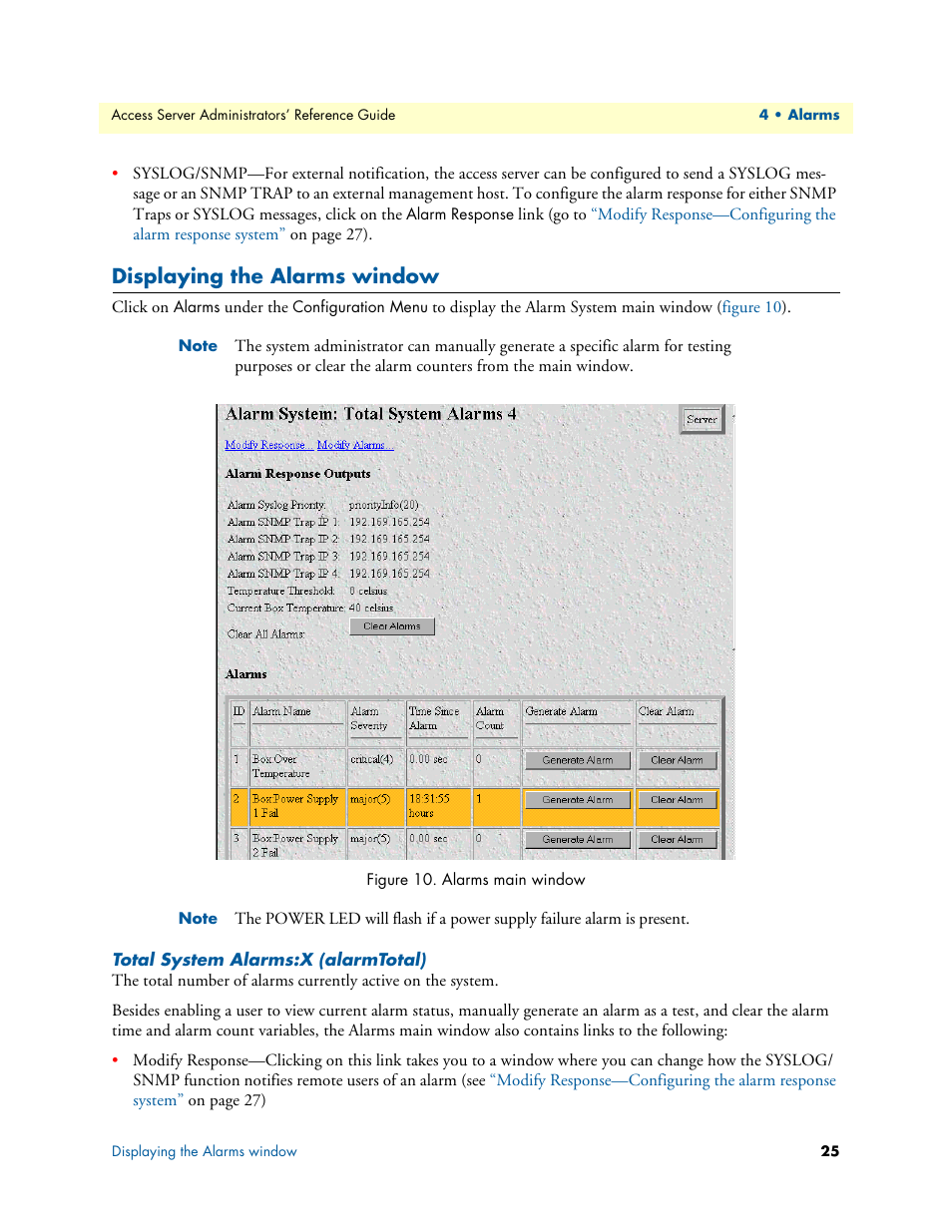 Displaying the alarms window, Total system alarms:x (alarmtotal) | Patton electronic 29XX User Manual | Page 25 / 326