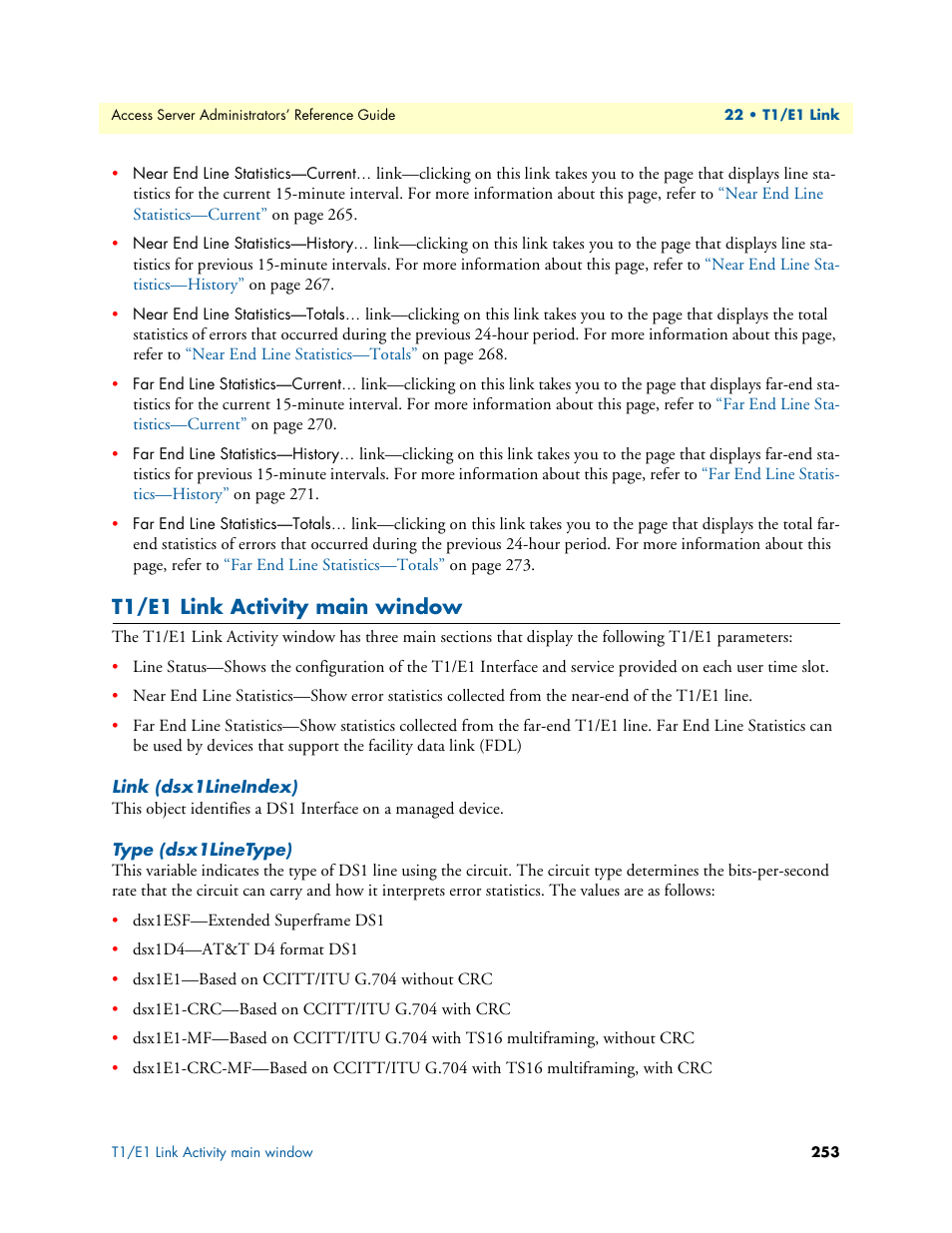 T1/e1 link activity main window, Link (dsx1lineindex), Type (dsx1linetype) | Patton electronic 29XX User Manual | Page 253 / 326