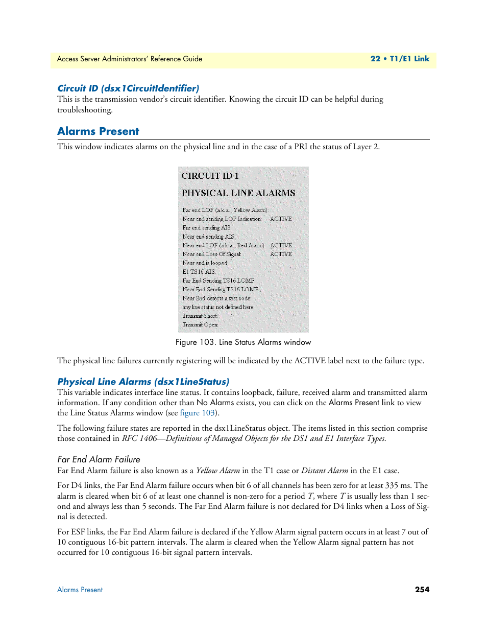 Circuit id (dsx1circuitidentifier), Alarms present, Physical line alarms (dsx1linestatus) | Far end alarm failure, Next to the failure type | Patton electronic 29XX User Manual | Page 254 / 326