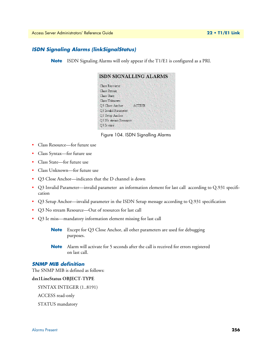 Isdn signaling alarms (linksignalstatus), Snmp mib definition | Patton electronic 29XX User Manual | Page 256 / 326